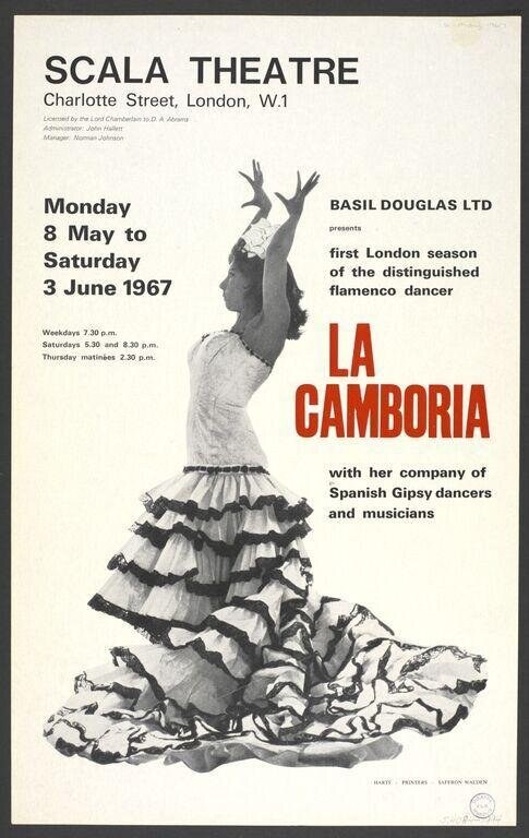 Black-and-white photograph of a flamenco dancer in a deeply arched backbend, arms raised, wearing a ruffled white and black dress.