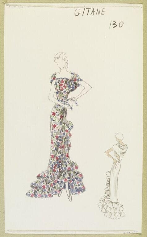 Fashion design sketch of an evening gown with fitted bodice and voluminous floral-patterned skirt with deep hem pleats.