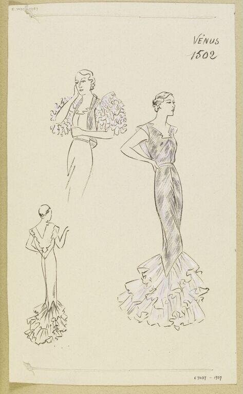 Pen-and-ink sketch of three women in 1930s evening gowns with varying silhouettes: gathered, pleated, and mermaid cuts.