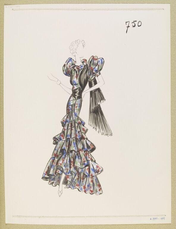 Fashion design sketch of an elegant 1930s tiered evening gown with fitted bodice and patterned flounced skirt, drawn in ink and watercolor.