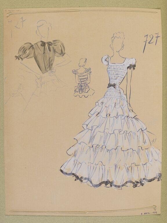 Ink and watercolor sketch of three female dress forms displaying evening gowns with fitted bodices and tiered ruffle skirts, 1939.