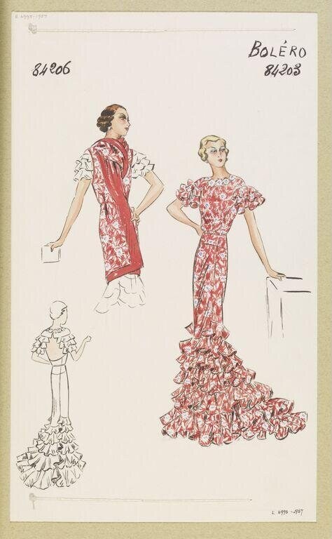 Three sketches of a red-patterned woman's dress with tiered ruffled hemline, inspired by the ballet Boléro, in ink and watercolor.