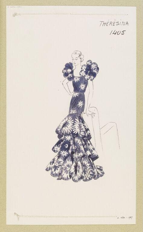 Pen and ink fashion illustration of a woman in a fitted sleeveless gown with a voluminous, multi-tiered skirt decorated with floral motifs, hands raised near