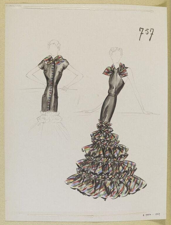 Two fashion sketches for 1930s evening gowns with plaid trim and tiered ruffles, rendered in ink and watercolor.