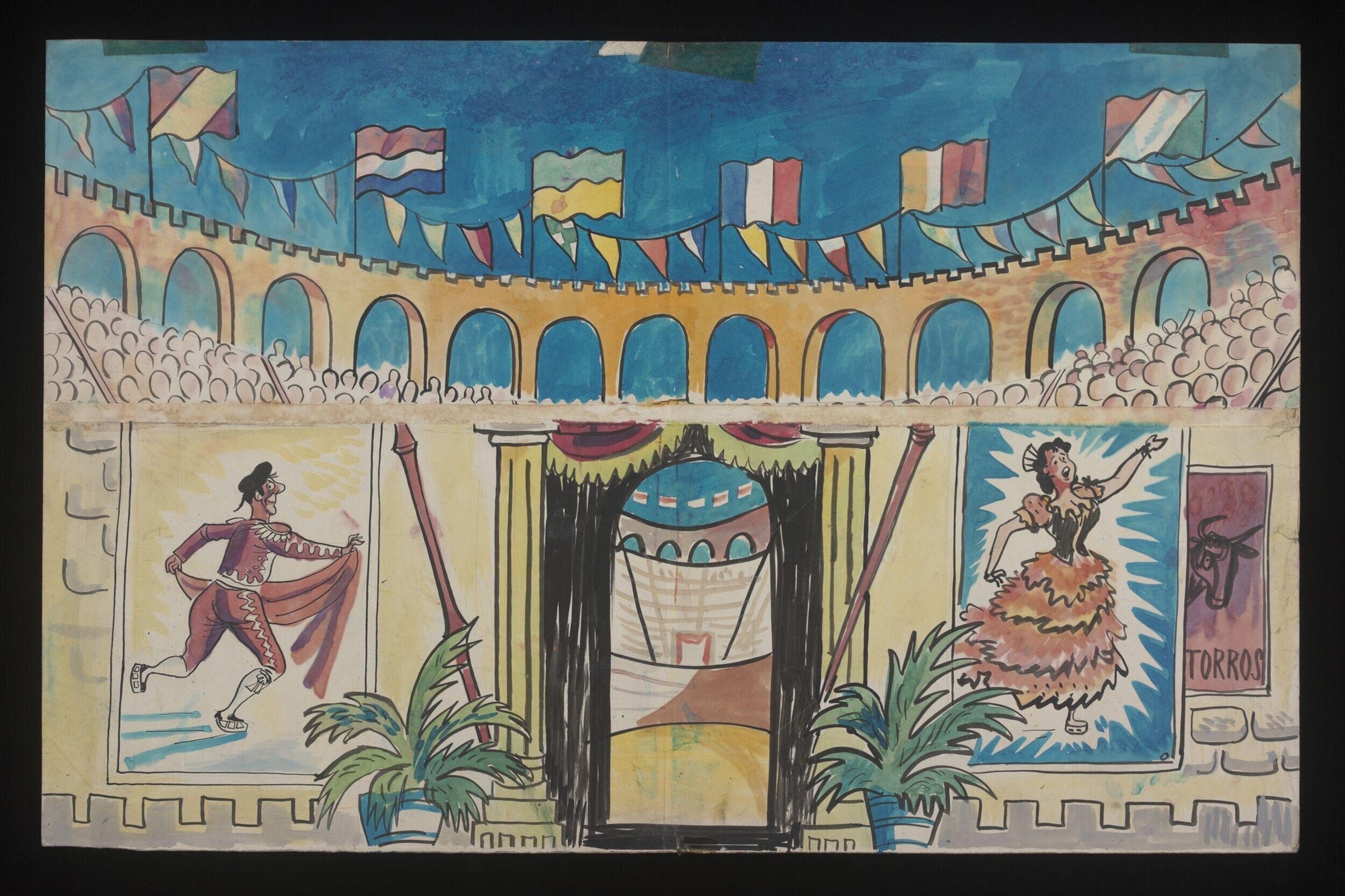 Architectural design of a bullfighting arena with decorative bunting and national flags, showing a matador and feathered dancer as emblematic figures.