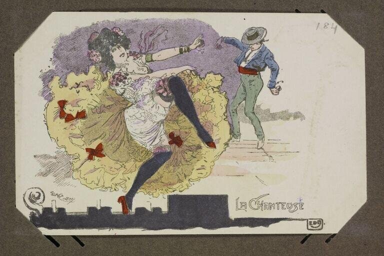 Color lithographic postcard: female cabaret performer in yellow gown arching backward with extended leg, holding cigarette, while male spectator in blue jacket