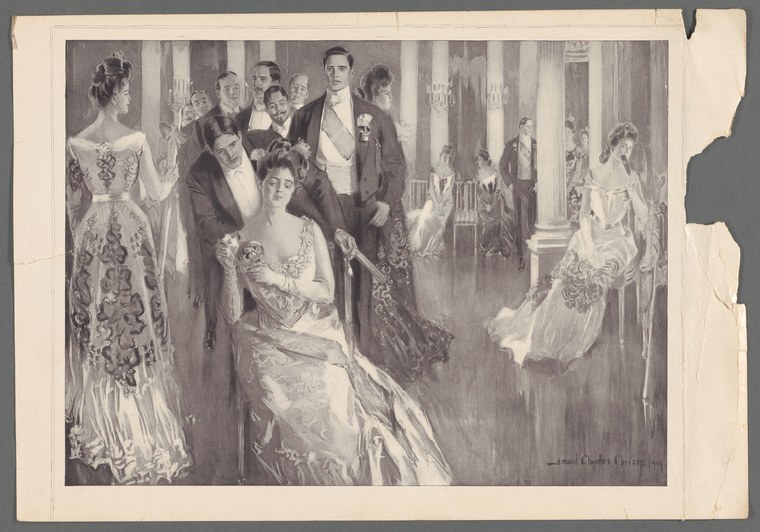 Formal ballroom scene with elegantly dressed Victorian figures gathered around a woman in an ornate white gown, framed by classical columns.