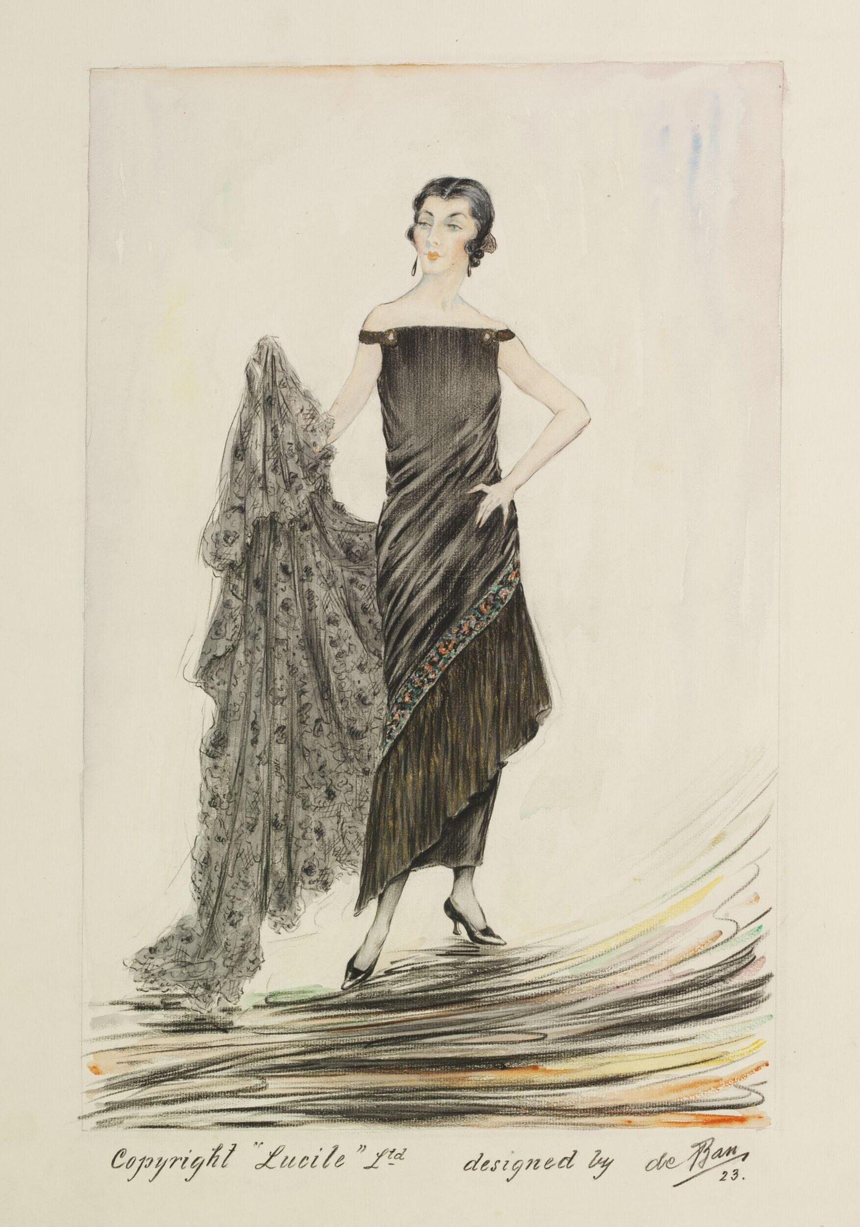 Fashion illustration of a woman in a strapless striped evening dress with an elaborate patterned shawl, drawn in ink and watercolor, 1923.