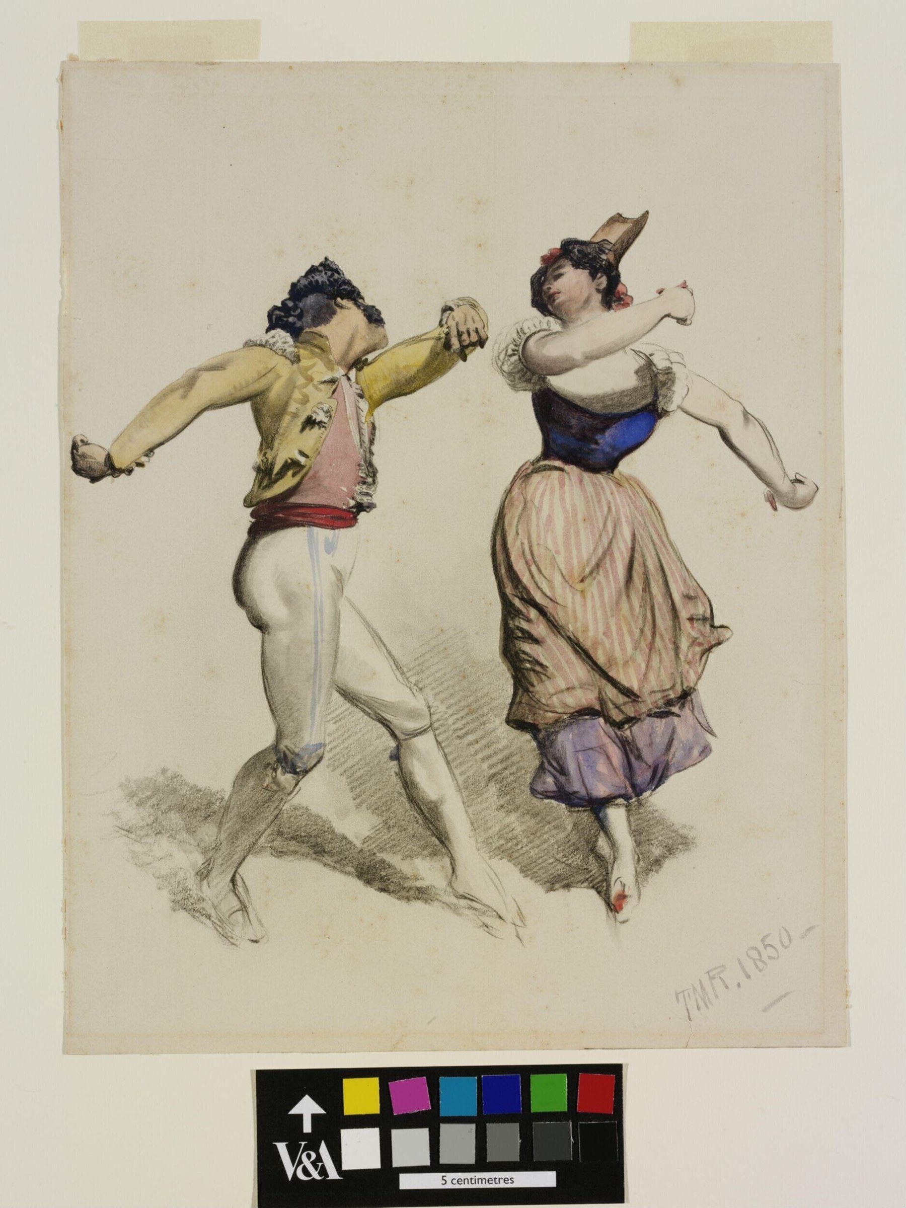 Two dancers leap through the air in exuberant motion against a plain background, the man in yellow jacket and breeches with splayed legs, the woman in striped