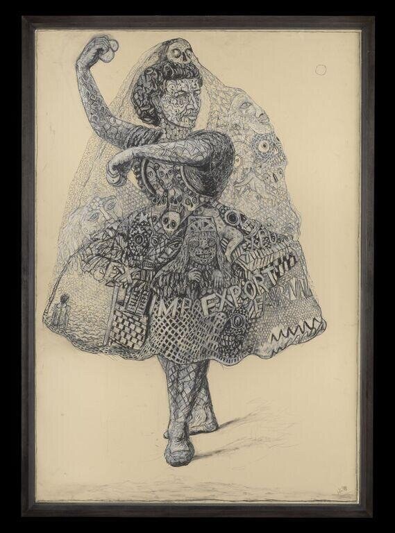 Ink drawing of a single figure in patterned dress with one arm raised, head tilted back, standing on a ground line.