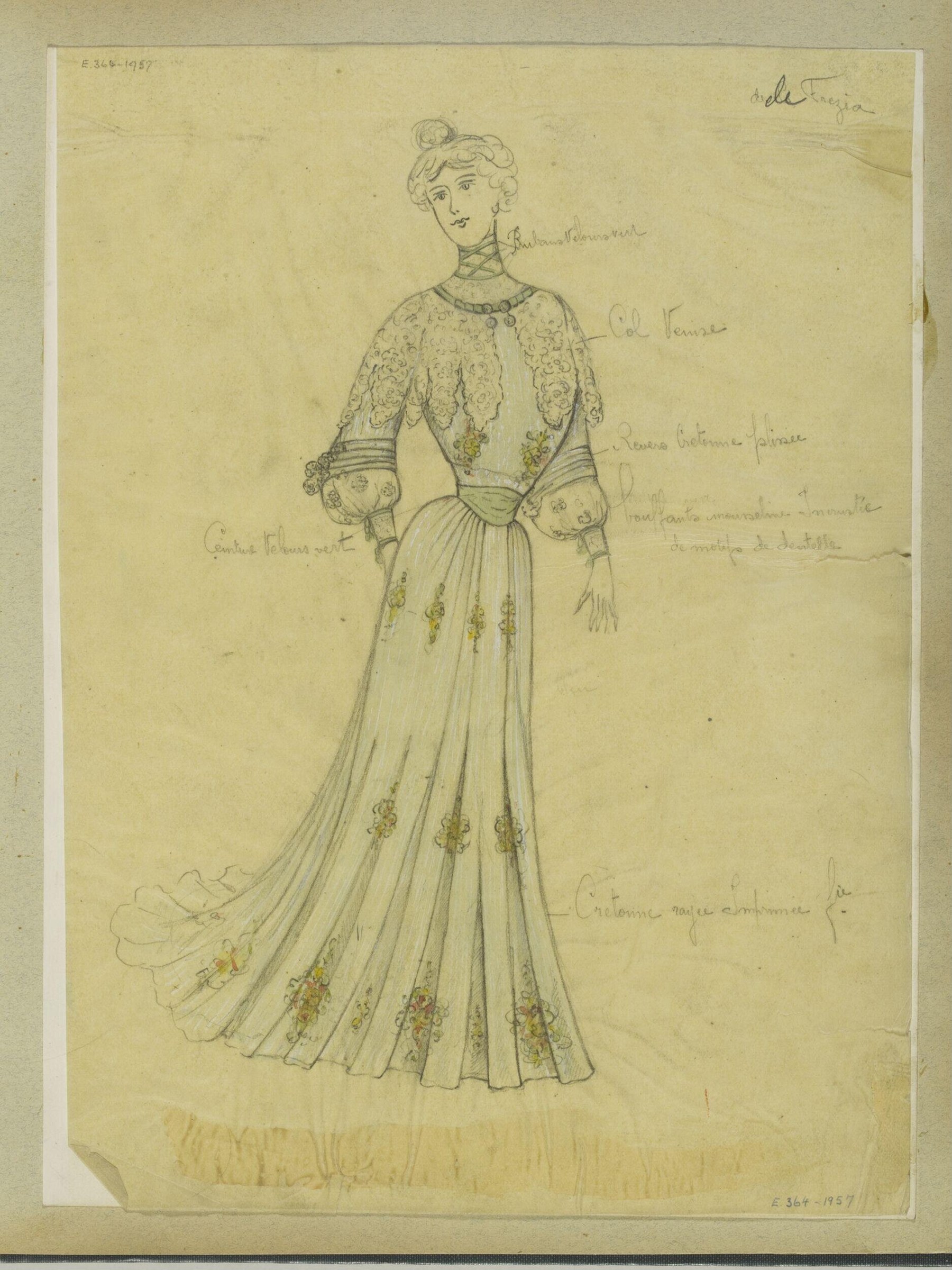 Fashion design sketch of an elegant Edwardian woman in a high-necked jacket and floor-length embroidered skirt with train.