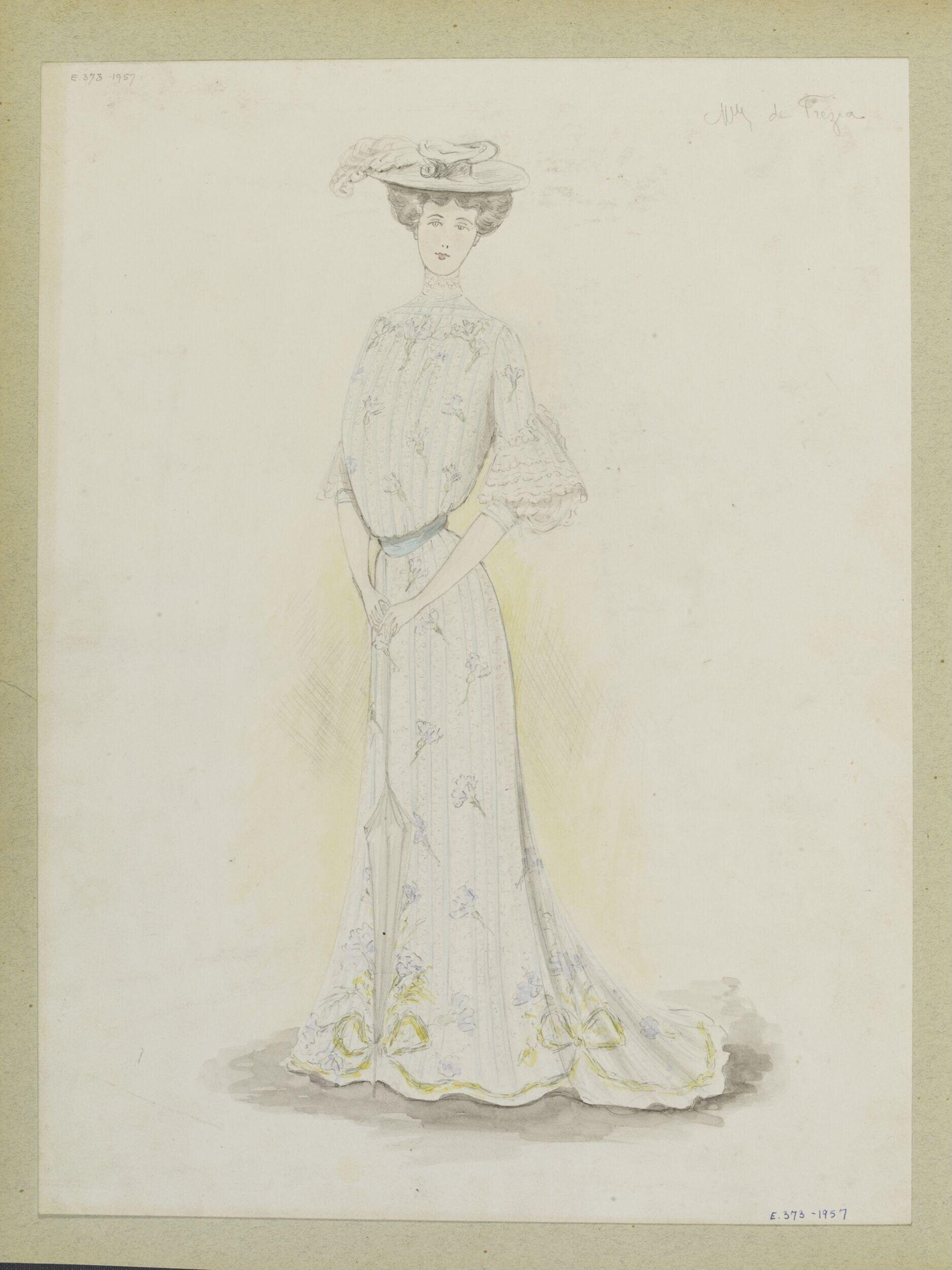 Fashion design sketch of an elegant white Edwardian gown with high waistline, long sleeves, and train, worn by a woman in a fashionable pose.