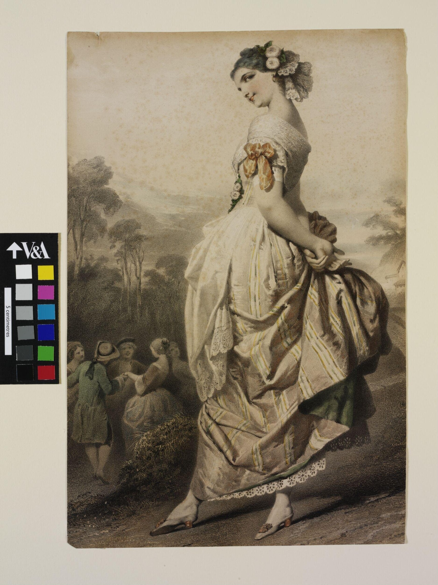Woman in pale Regency gown with swept train, standing in profile in a wooded landscape, gazing downward.