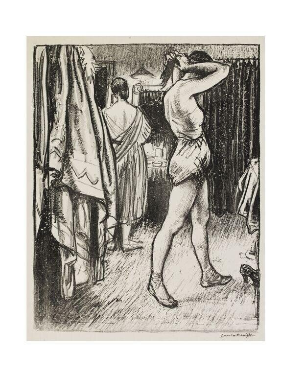 Two women in a backstage dressing room, one adjusting her hat, the other raising her arm to her head, surrounded by heavy theatrical curtains.