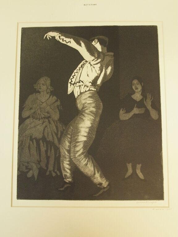 Woman in white blouse and wrapped skirt leaps with arms extended; two figures stand on either side in shadow