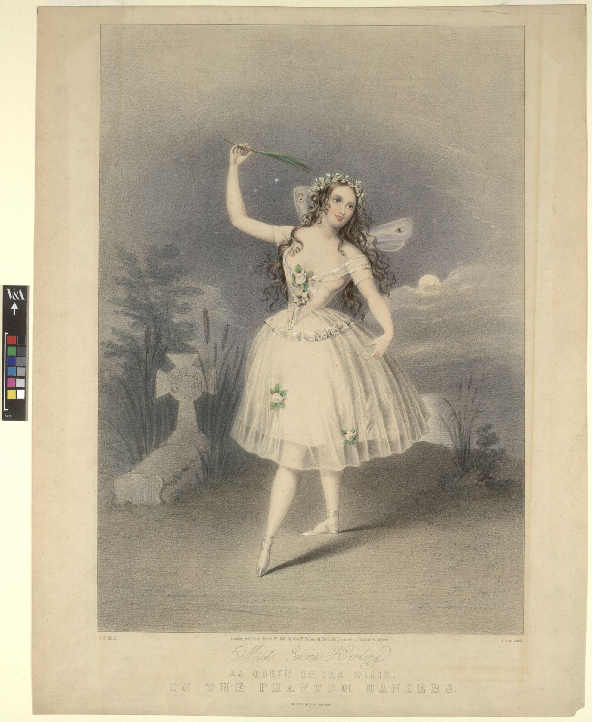 A woman in a white pointe ballet dress stands alone in a misty landscape, holding a palm frond, crowned with flowers.