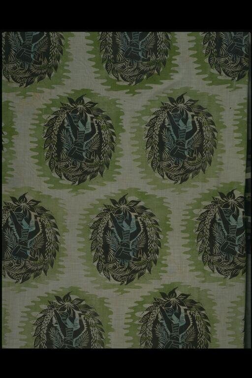 Repeating pattern of framed ovals containing stylized dancers entwined with ornamental foliage in black, teal, and pale green.