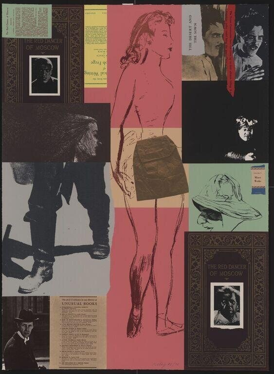 Mixed-media collage with central line-drawn female figure in extended pose against pink ground, surrounded by photographs, text fragments, and ornamental