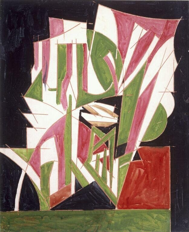 Abstract watercolour of a fragmented dancing figure in pink and green geometric forms against a dark background.