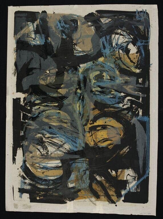 Abstract serigraph of a fragmented standing figure in black, gray, and ochre, rendered through overlapping gestural forms.
