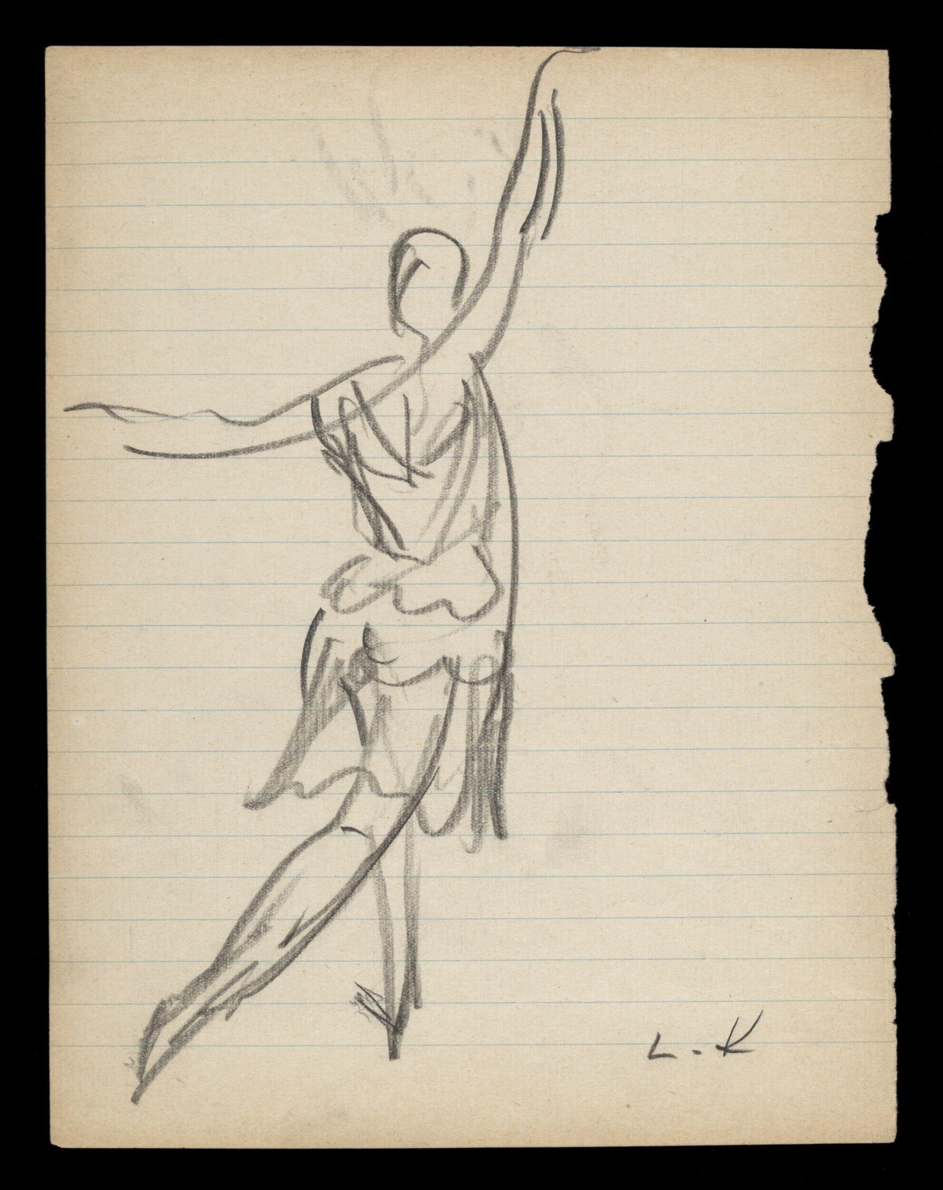 Graphite pencil sketch of a female ballet dancer in a lifted extended pose with raised arm, on lined paper.