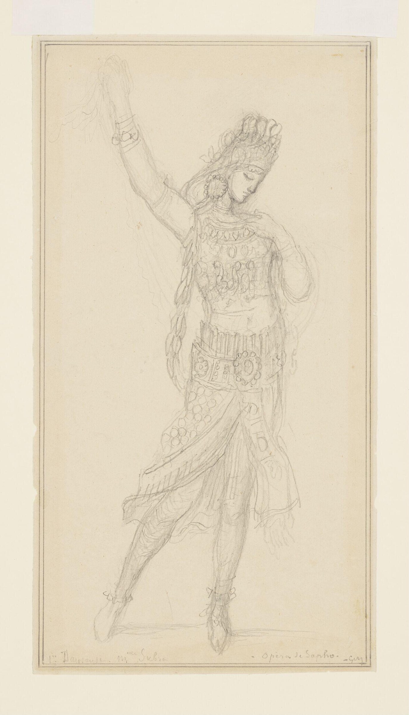 Graphite drawing of a woman in classical tunic and elaborate collar, standing in contrapposto with left arm raised and right leg extended.
