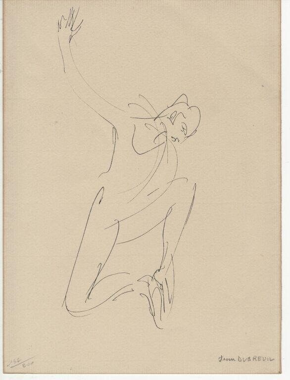 Pen-and-ink line drawing of a dancer in mid-leap, head thrown back, arms asymmetrically raised and lowered, body fully extended.