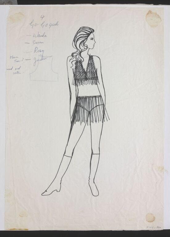 Pencil and ink sketch of a woman in profile wearing a fringed bikini and halter top, with construction notes in the margin.