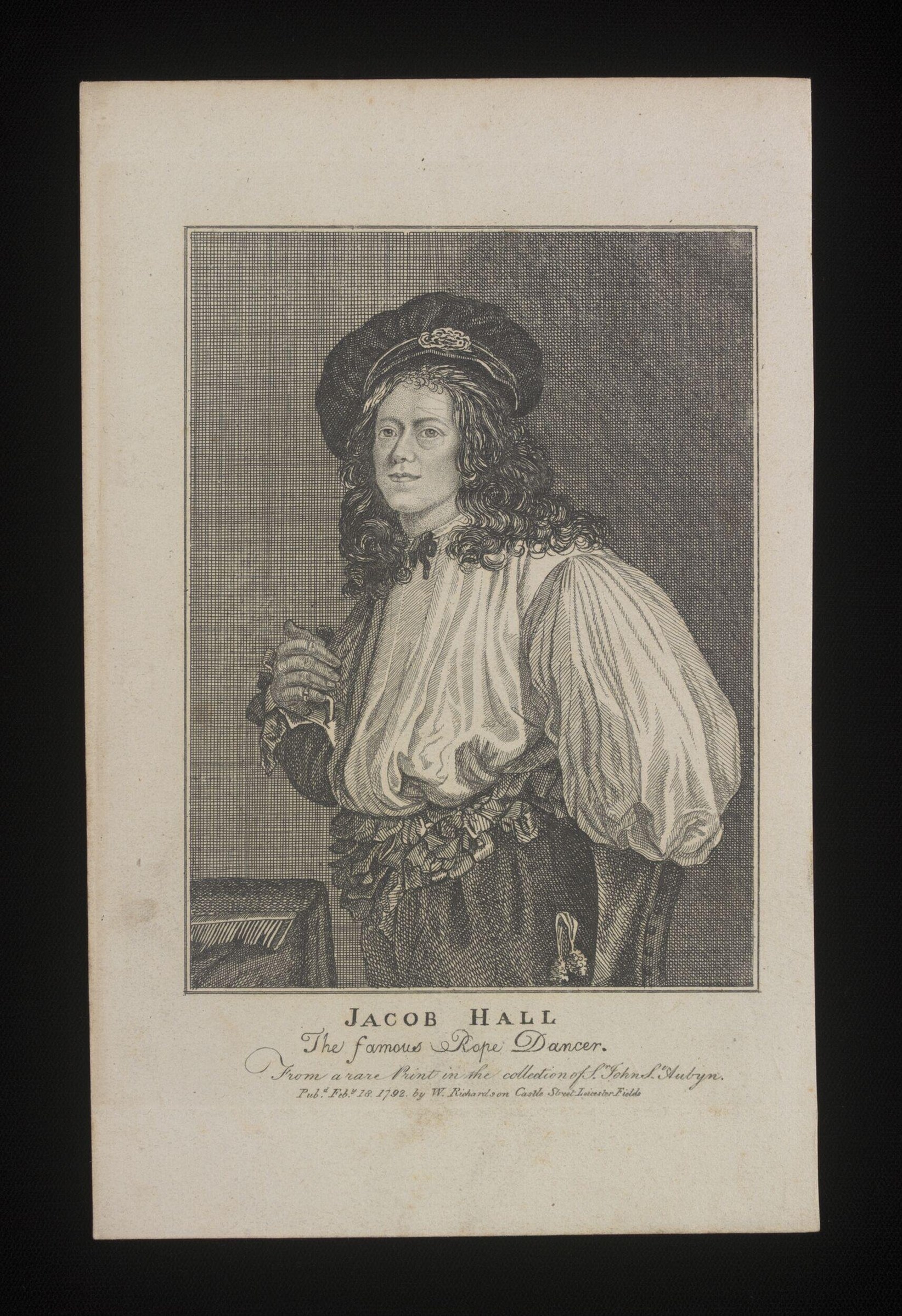 Line engraving of a young man in eighteenth-century dress holding a coiled rope, standing upright in a composed portrait pose.