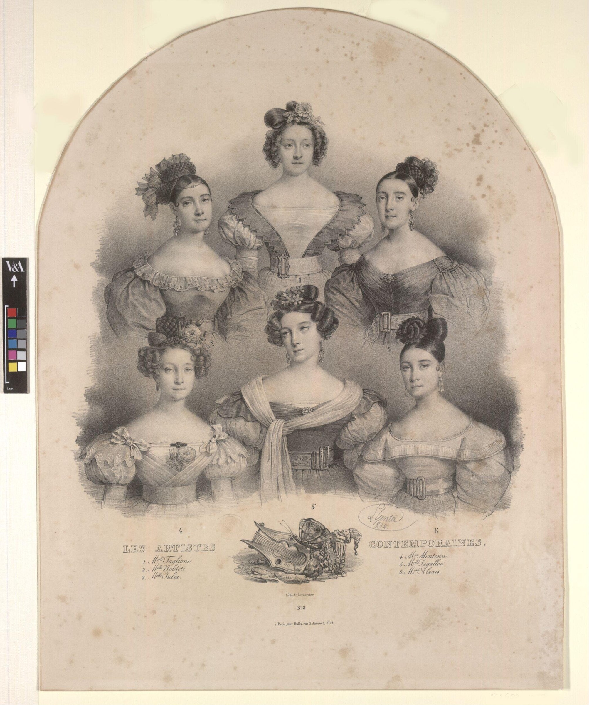 Six women in 1830s dress arranged in formal portrait: three standing, three seated, all upright and static.
