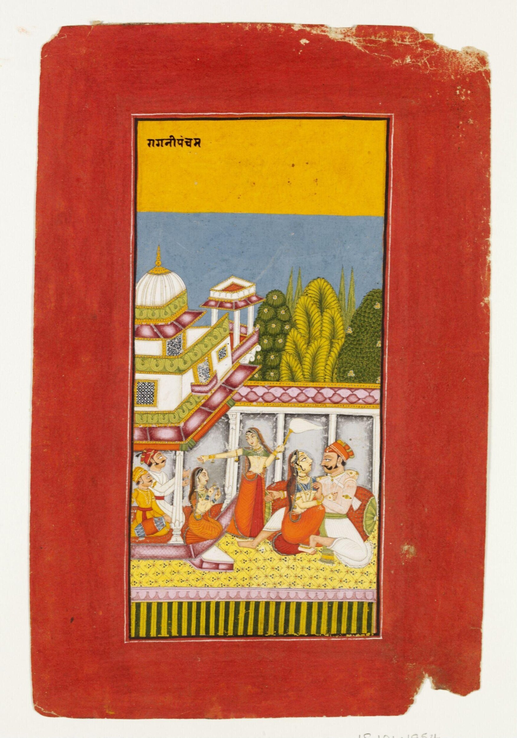A rāginī dancer in red robes performs for seated nobles in a Mughal palace chamber, watched by attendants.