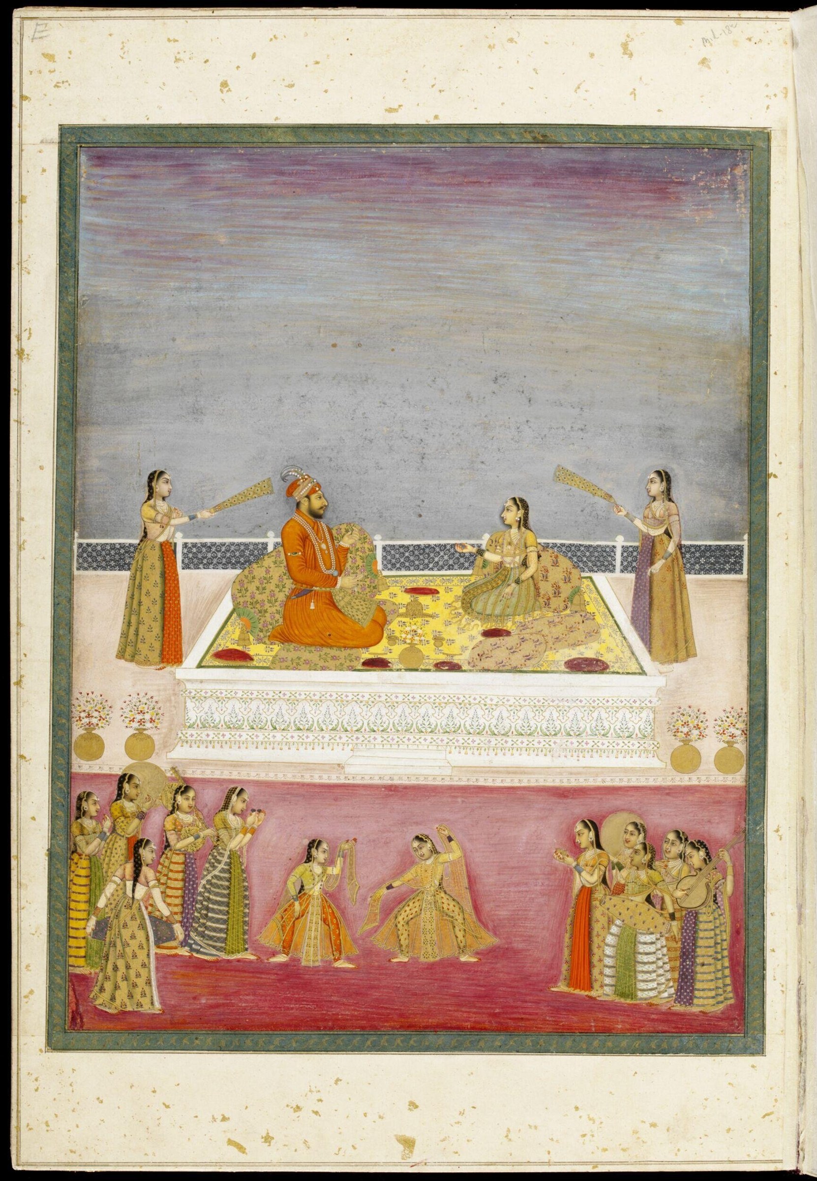18th-century manuscript page showing an Indian noble seated above with attendants, and court musicians and dancers performing below in jeweled silks.