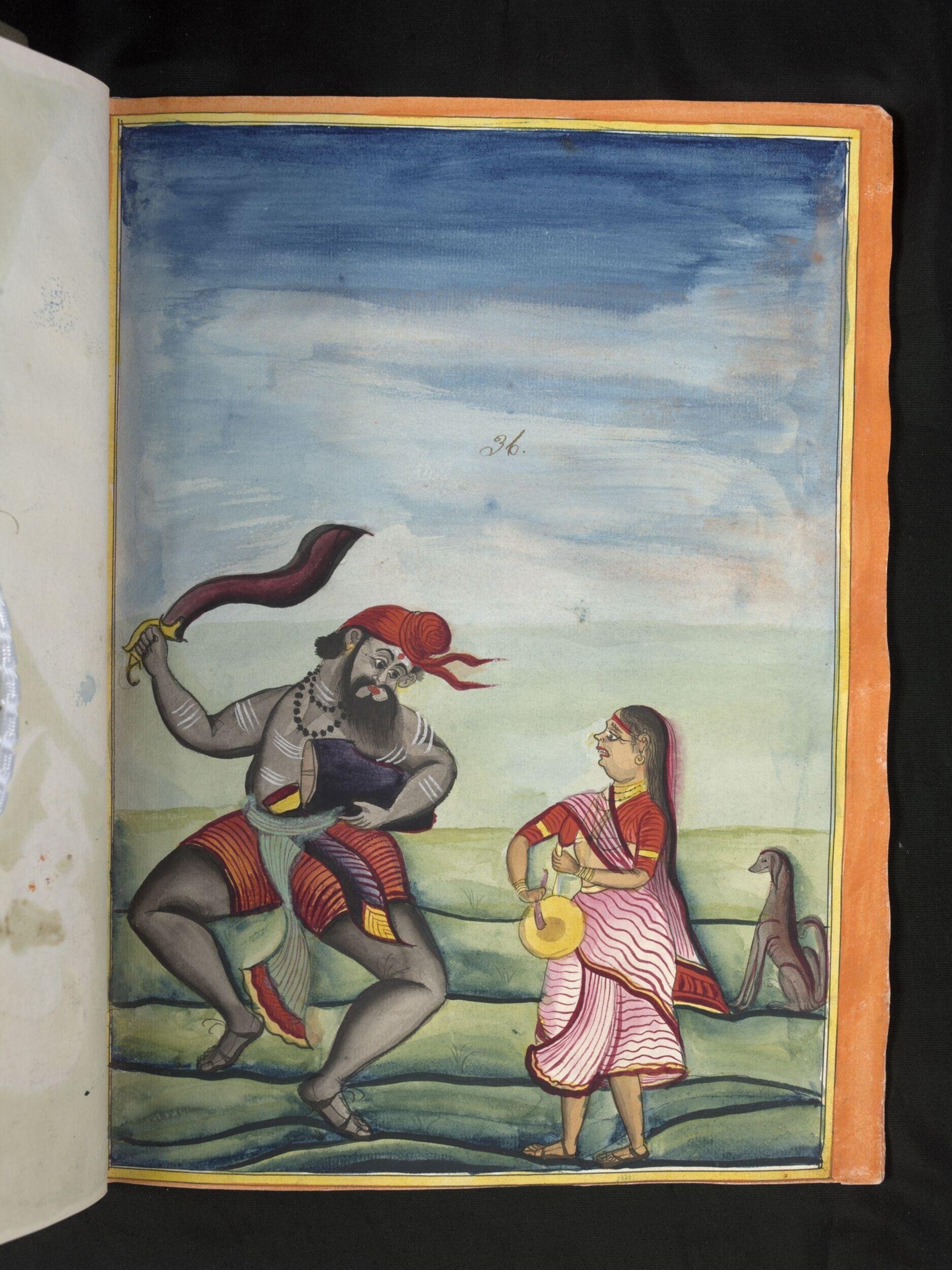 An 18th-century gouache painting of a male sword dancer in an arched position holding an elevated curved blade, watched by a woman in court dress.