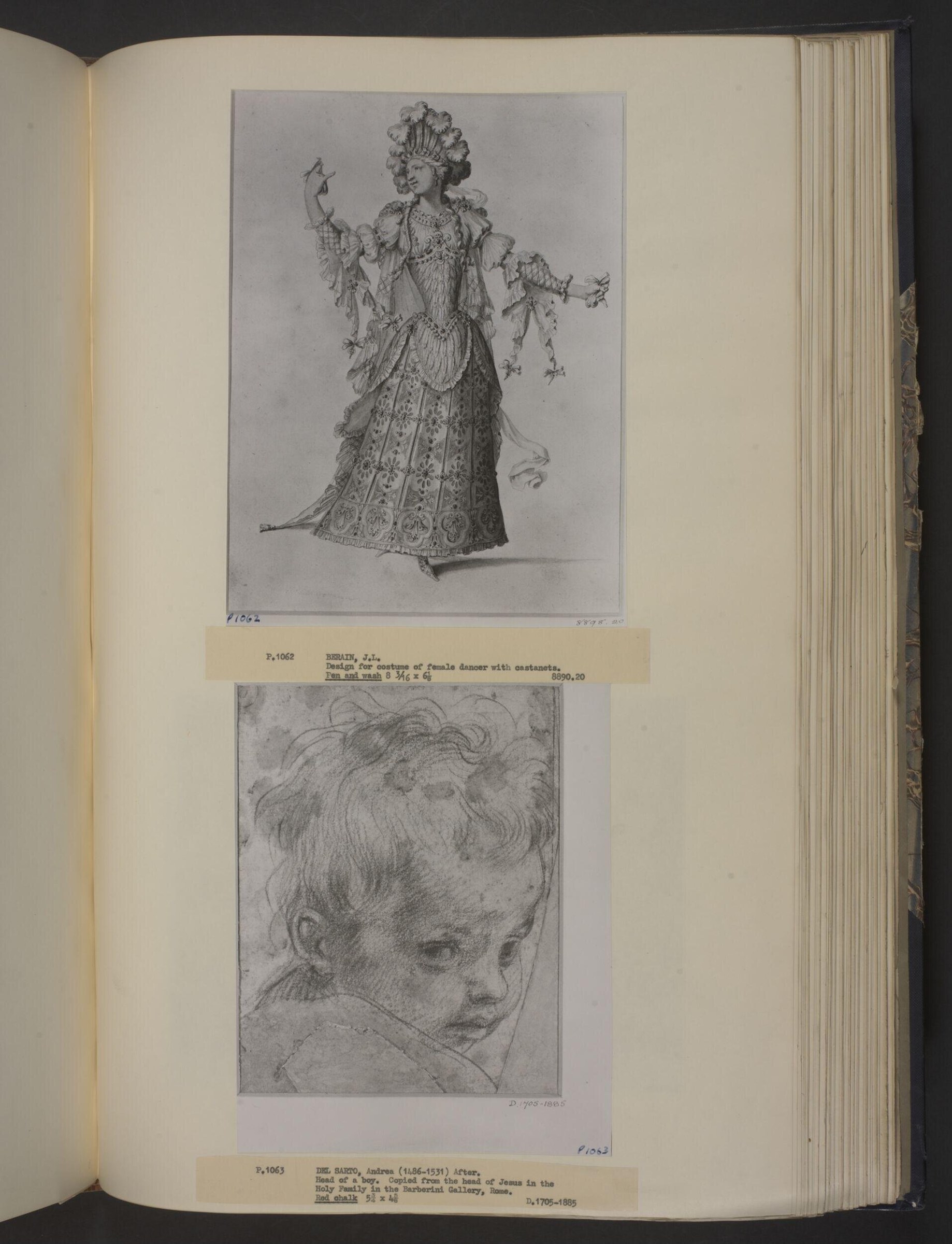 Pen and ink drawing of a woman in an ornate embroidered gown and towering feathered headdress, holding castanets with both arms raised.