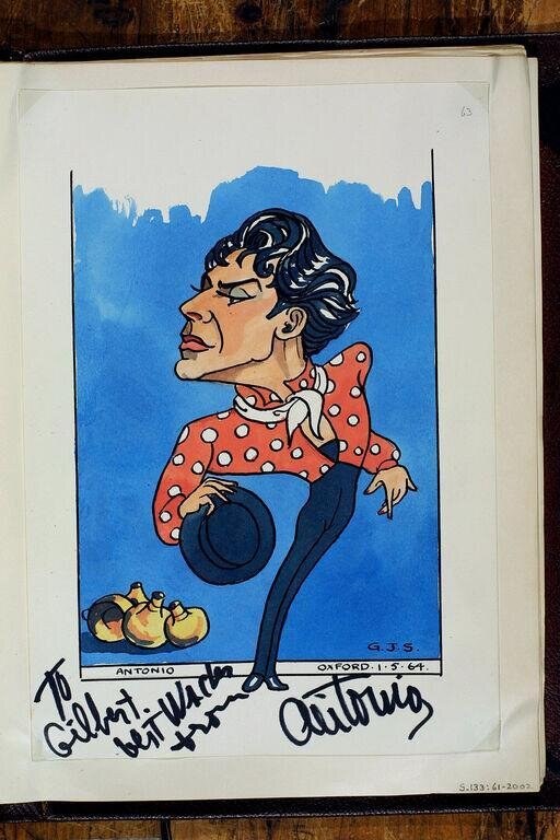 Caricature of Spanish dancer Antonio in red polka-dot jacket and hat, holding citrus fruits at feet, against blue background