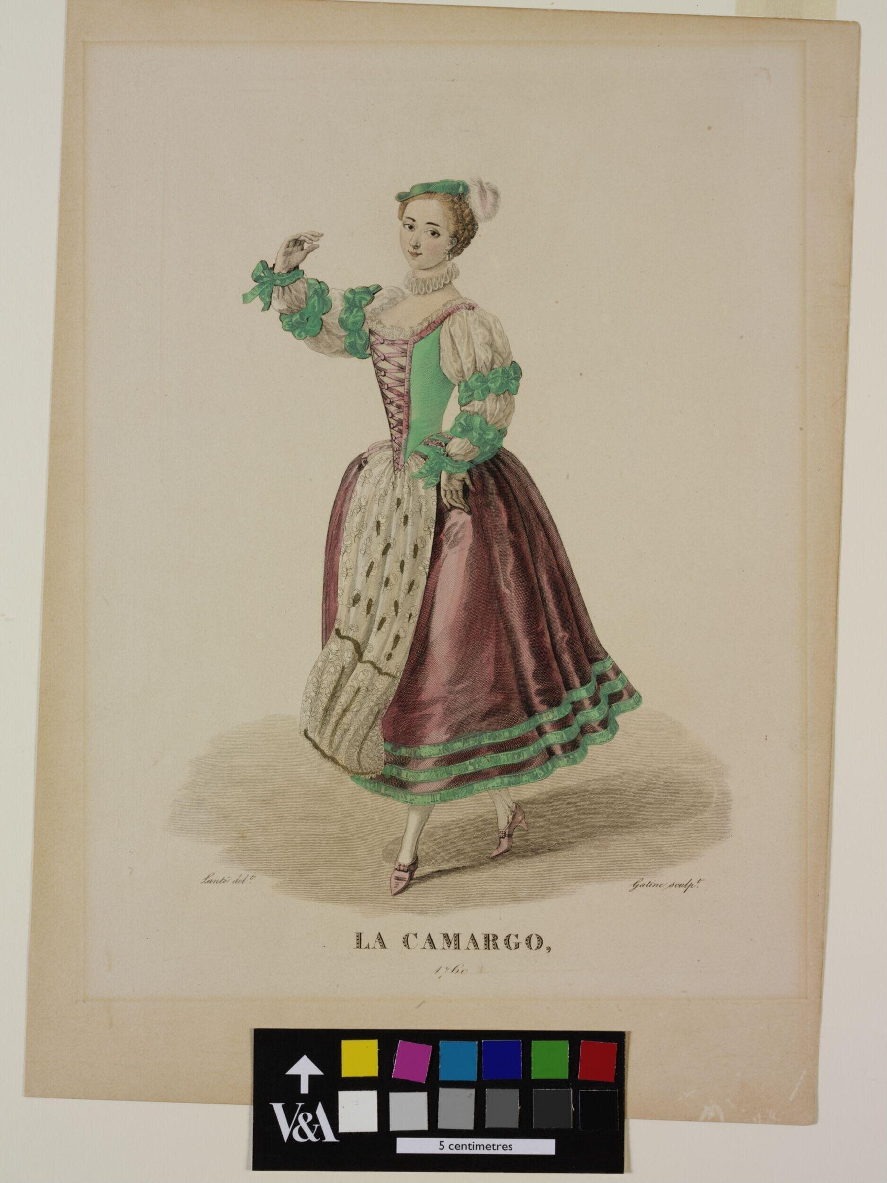 Hand-coloured engraving of Marie Camargo in green and pink eighteenth-century theatre costume, posed on the balls of her feet with one arm raised, holding a