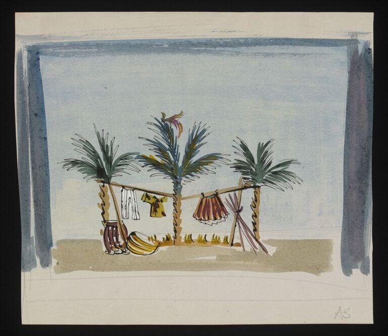 Watercolor stage design showing three palm trees, draped fabrics, and bananas against a sky-blue ground, framed by a proscenium border.