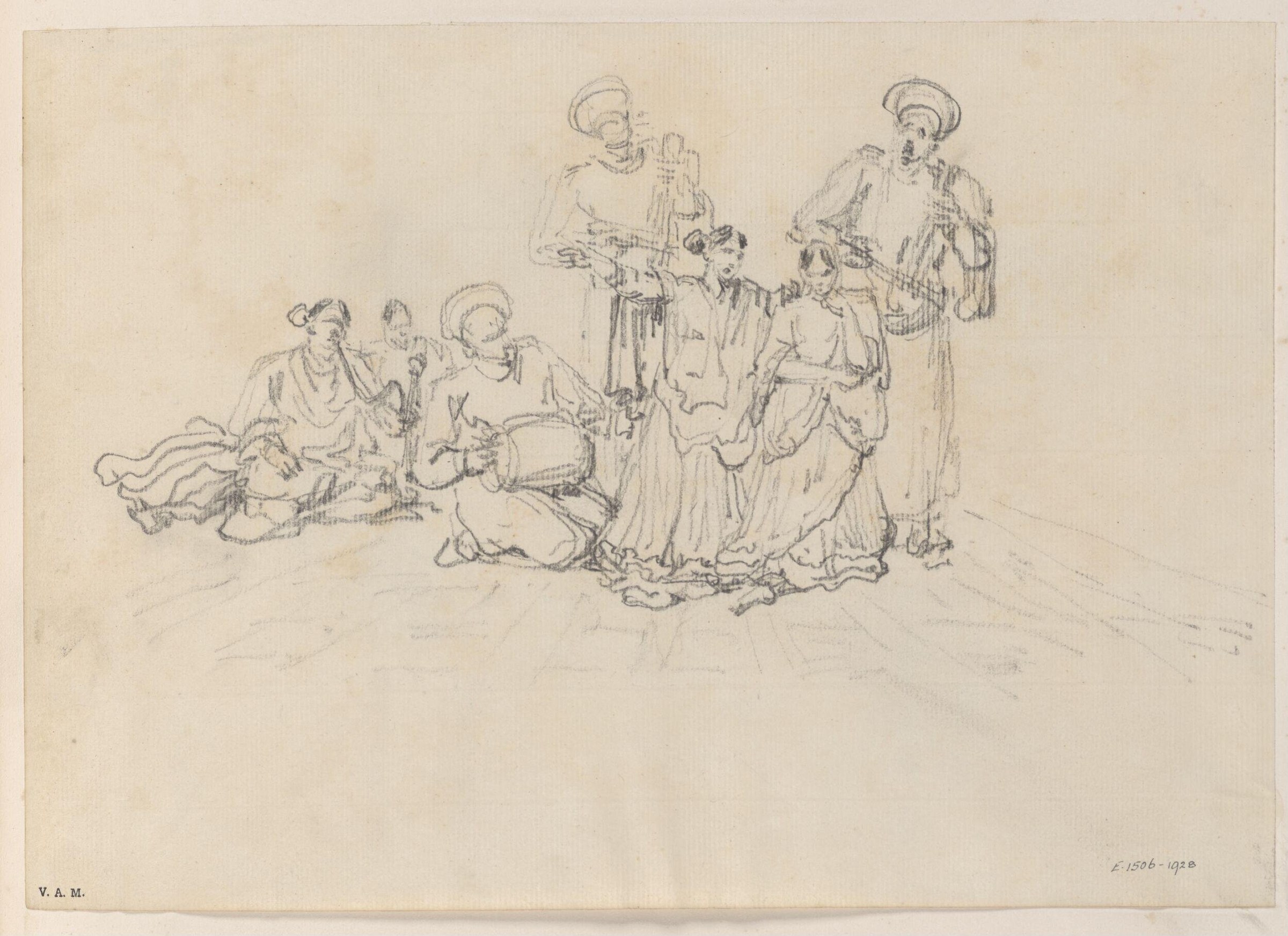 Pen sketch of turbaned musicians and dancers in draped robes gathered in loose arrangement, with one holding a stringed instrument.