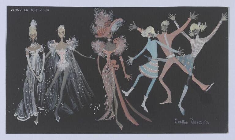 Costume design sketch for five showgirls in evening wear and performance dress, ranging from formal to exuberant poses, in gouache on dark paper.