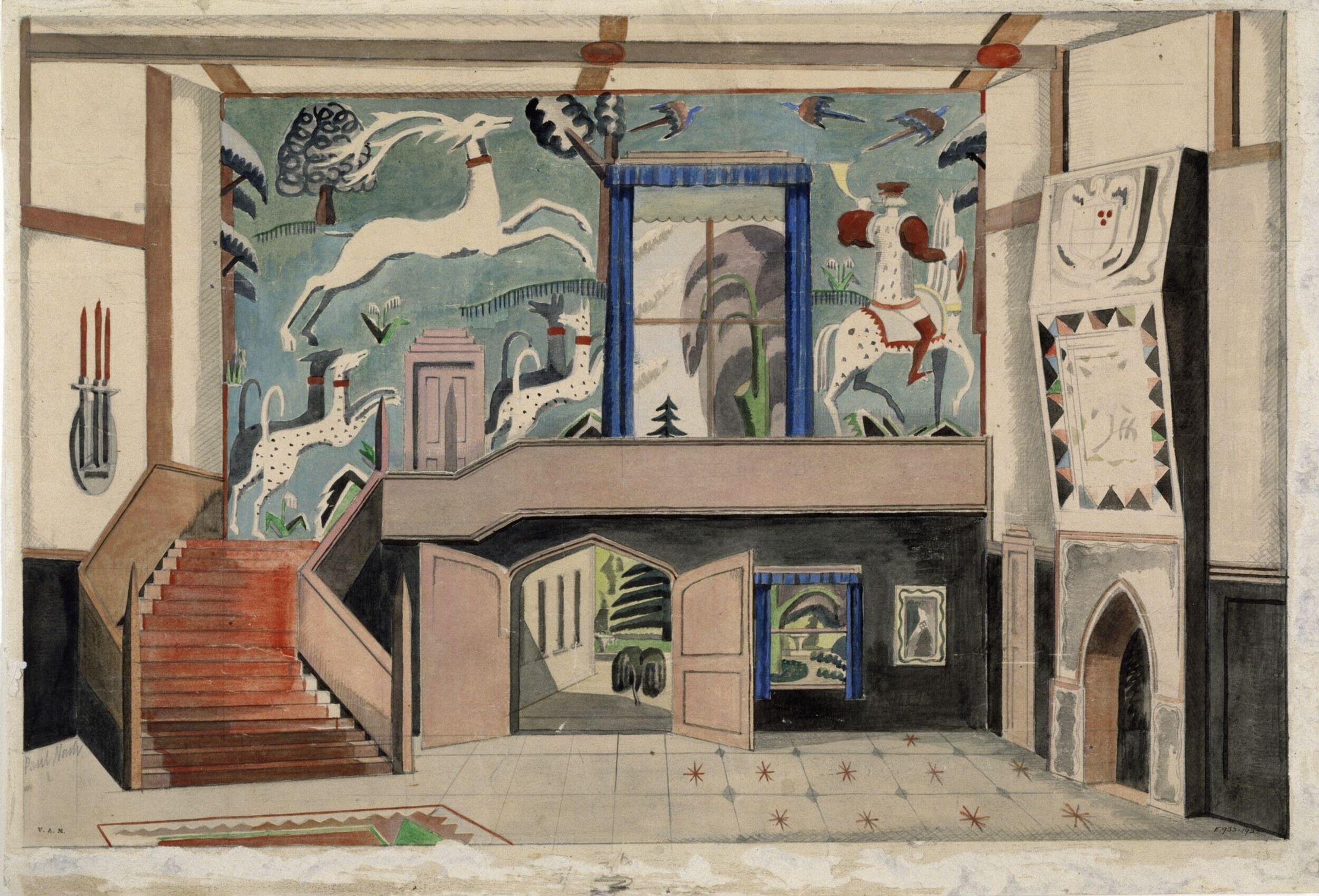 Two-level isometric stage set with white leaping figures, blue doors and framing, stylized landscape, and geometric architectural elements.