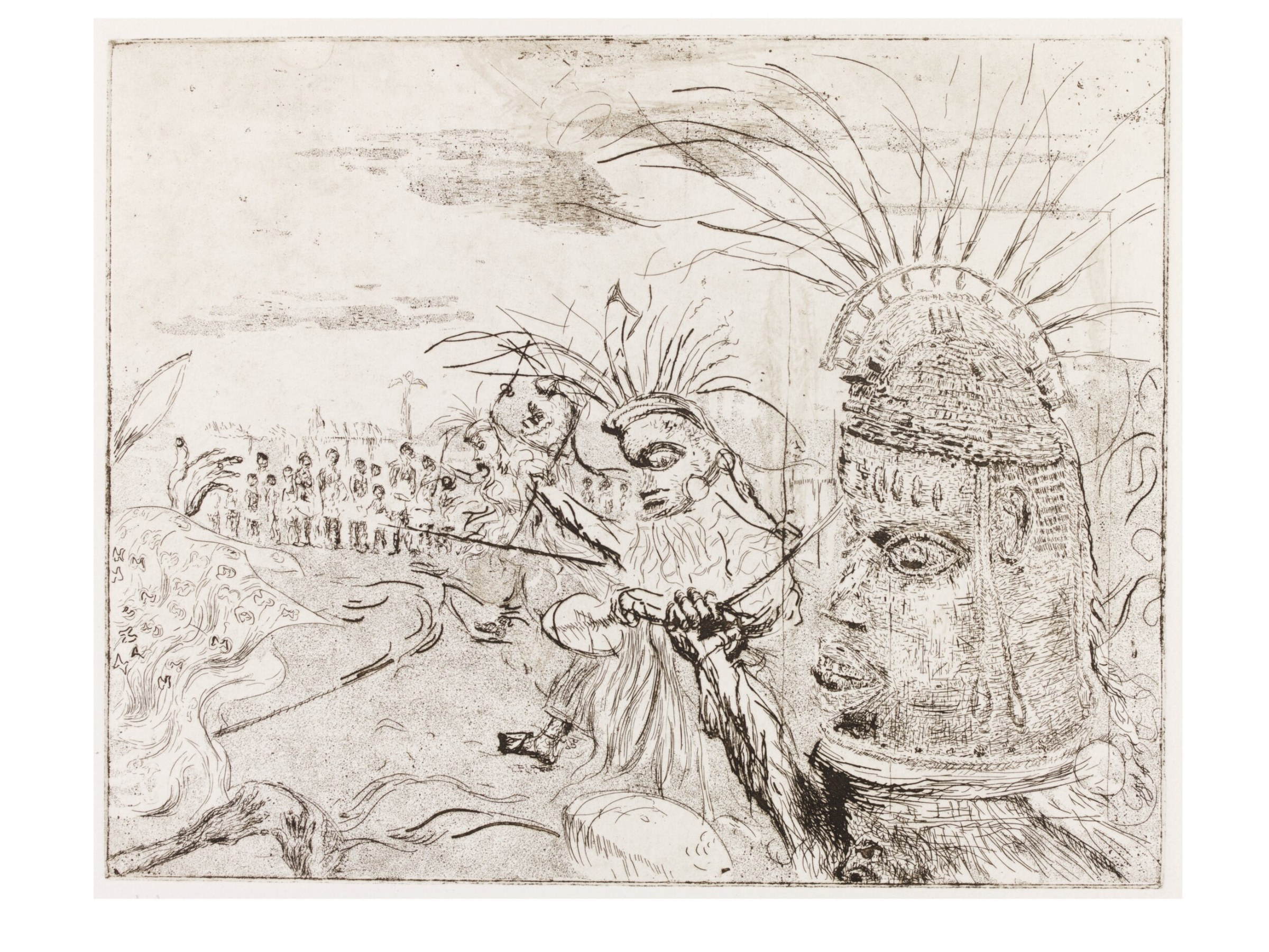 Engraving showing two enormous grotesque heads with wild hair above a dense crowd of small figures, titled with reference to Yoruba tradition.
