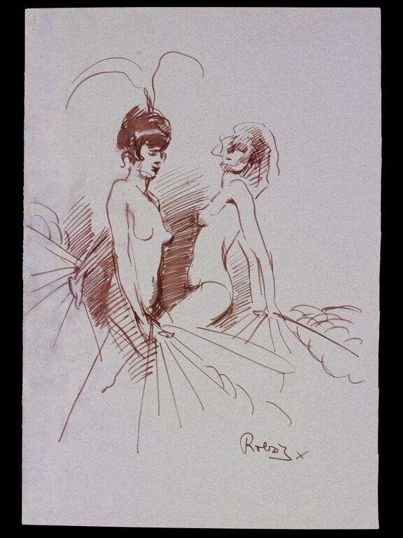 Ink sketch of two stylised female dancers with elaborate headdresses and large fan-shaped costume elements, rendered in loose brown lines on paper.