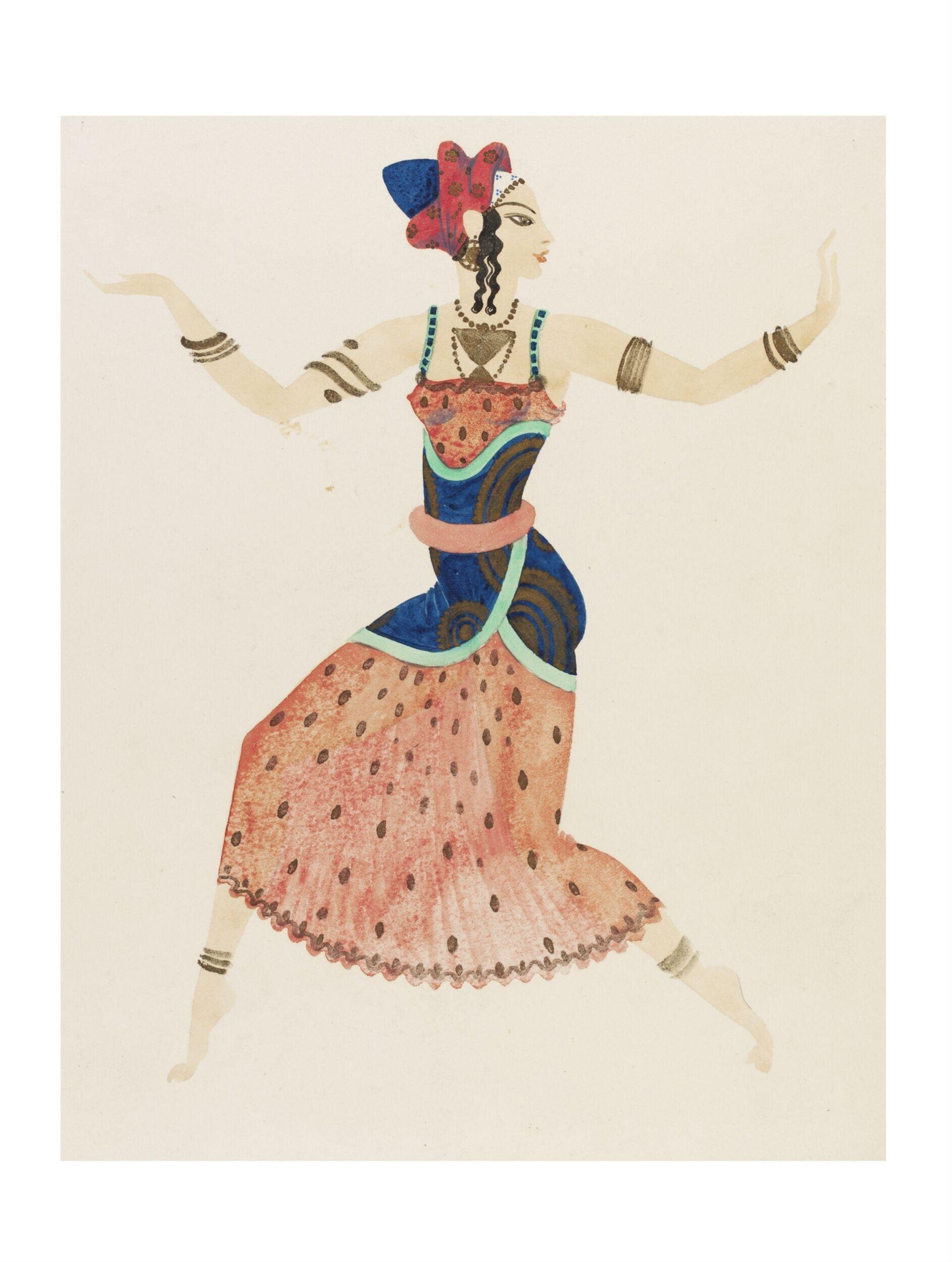 A stylized female performer in profile, arms raised, wearing an exotic coral and blue patterned costume with an ornate headdress.