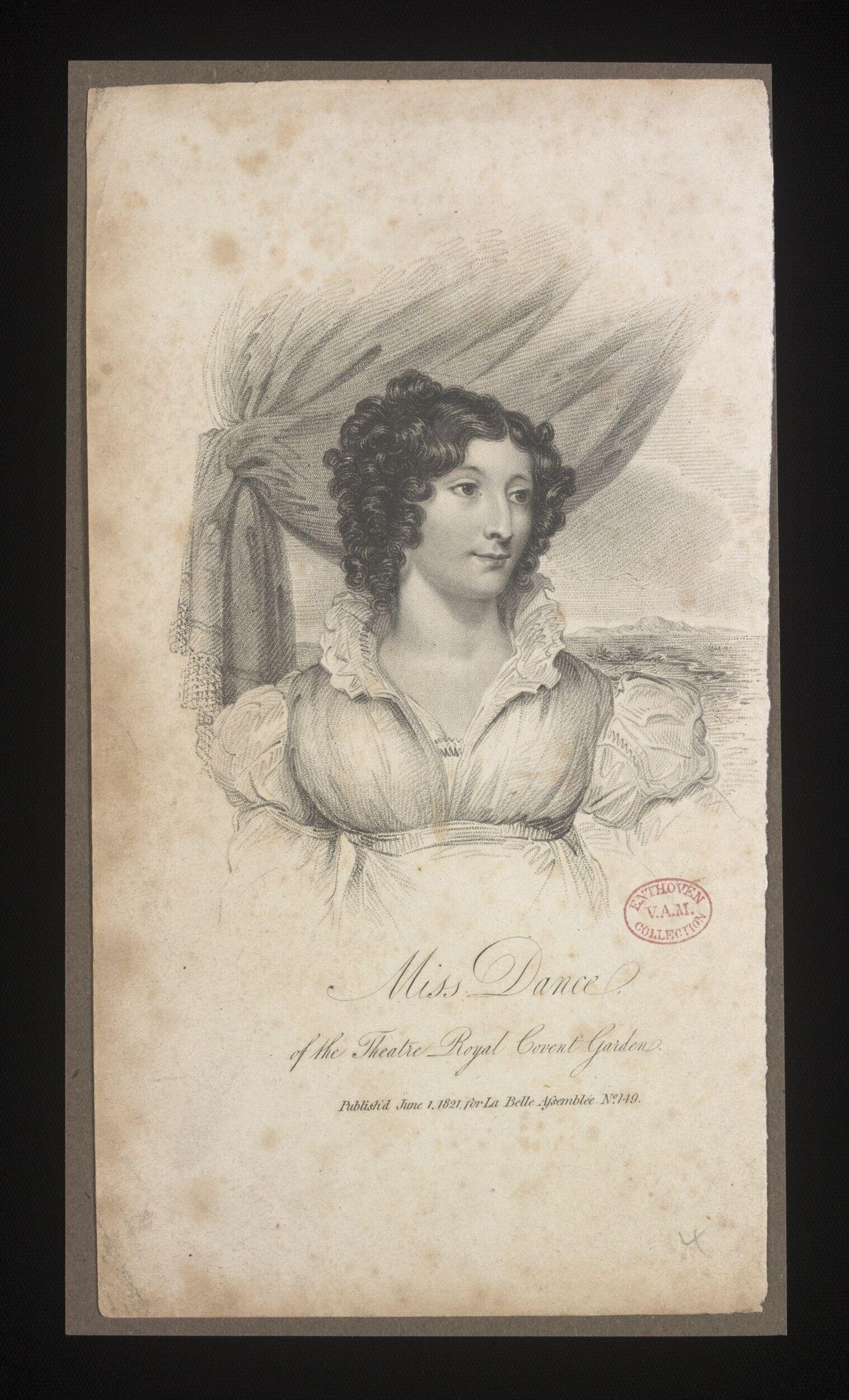 Engraving of a young woman in Regency dress with ringlets and a gossamer headdress, facing the viewer with hands at rest.