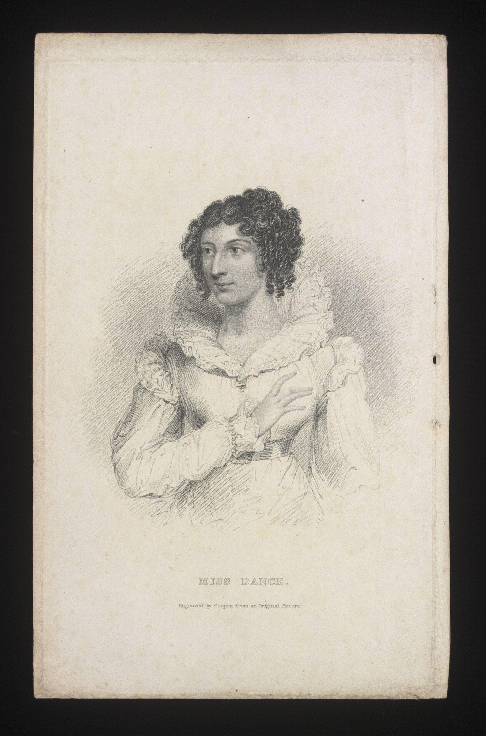 Regency-era engraved portrait of a young woman in high-waisted white muslin dress with puffed sleeves, facing left in a formal standing pose.