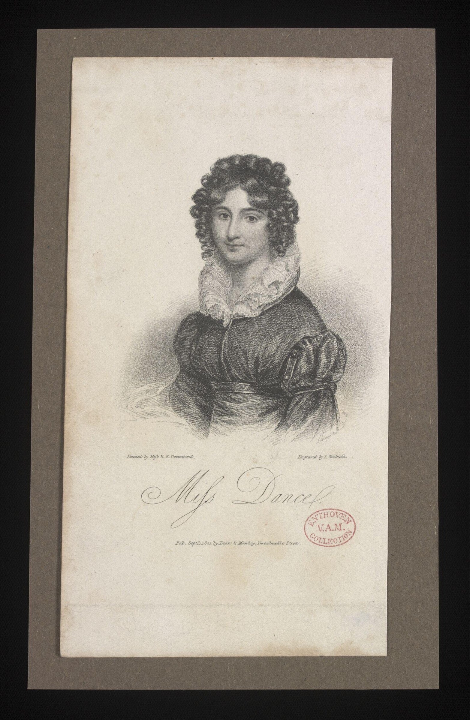 Portrait engraving of a young woman in Regency dress with dark curled hair and high white lace collar, facing the viewer.