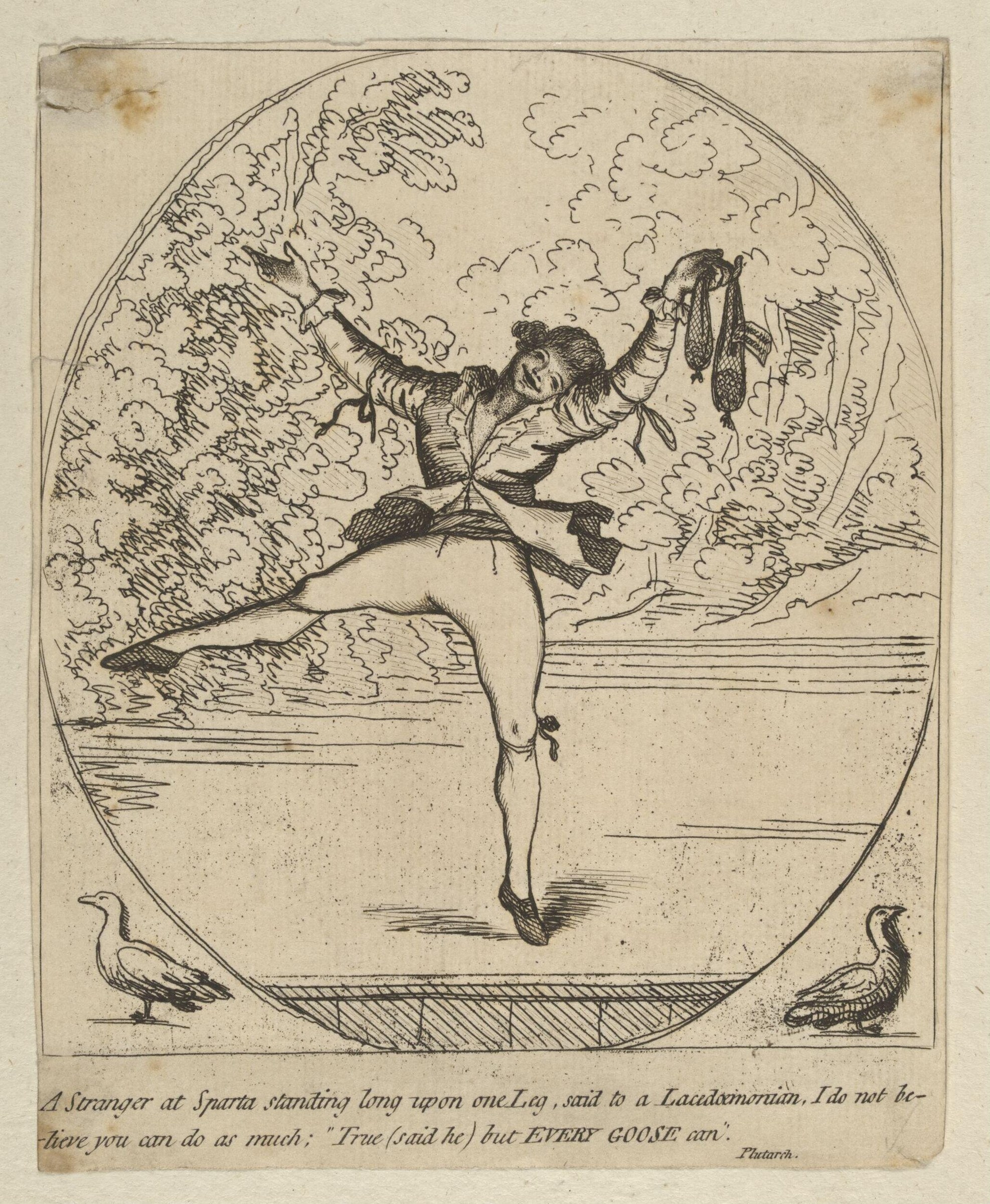 A figure in 18th-century dress stands on one leg holding bunches of vegetables, surrounded by dense foliage, in a comic engraving.