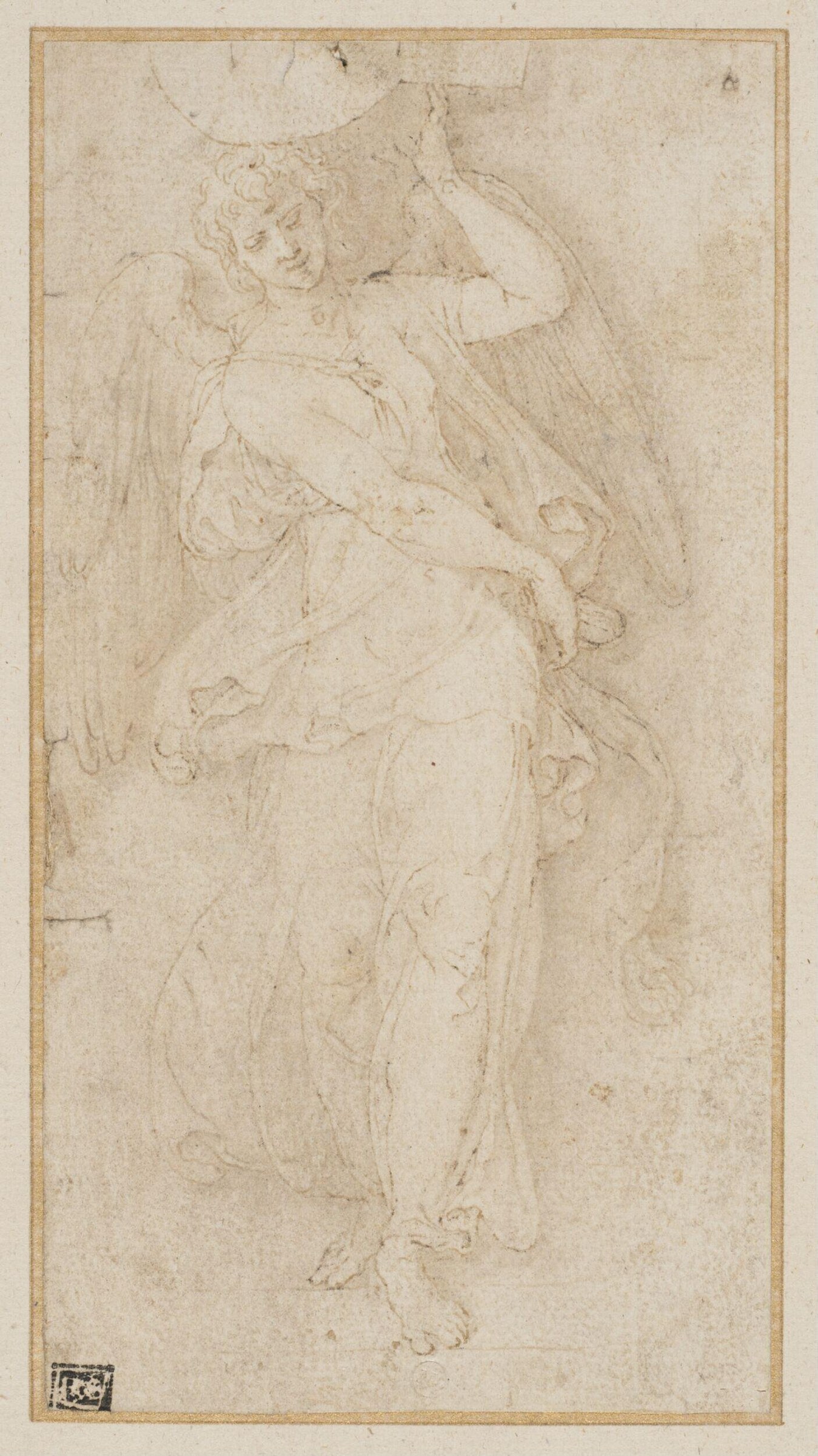 Pen and ink drawing of a winged nymph in an uplifted dance pose, with flowing drapery and raised arms