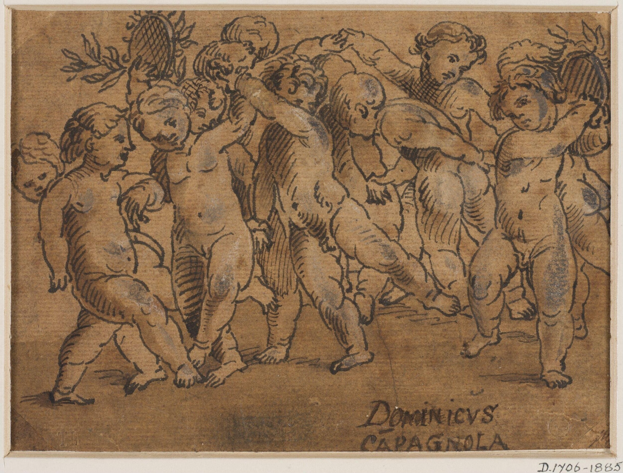 Pen-and-ink drawing of about twelve nude putti in varied playful poses, overlapping in a loose group.