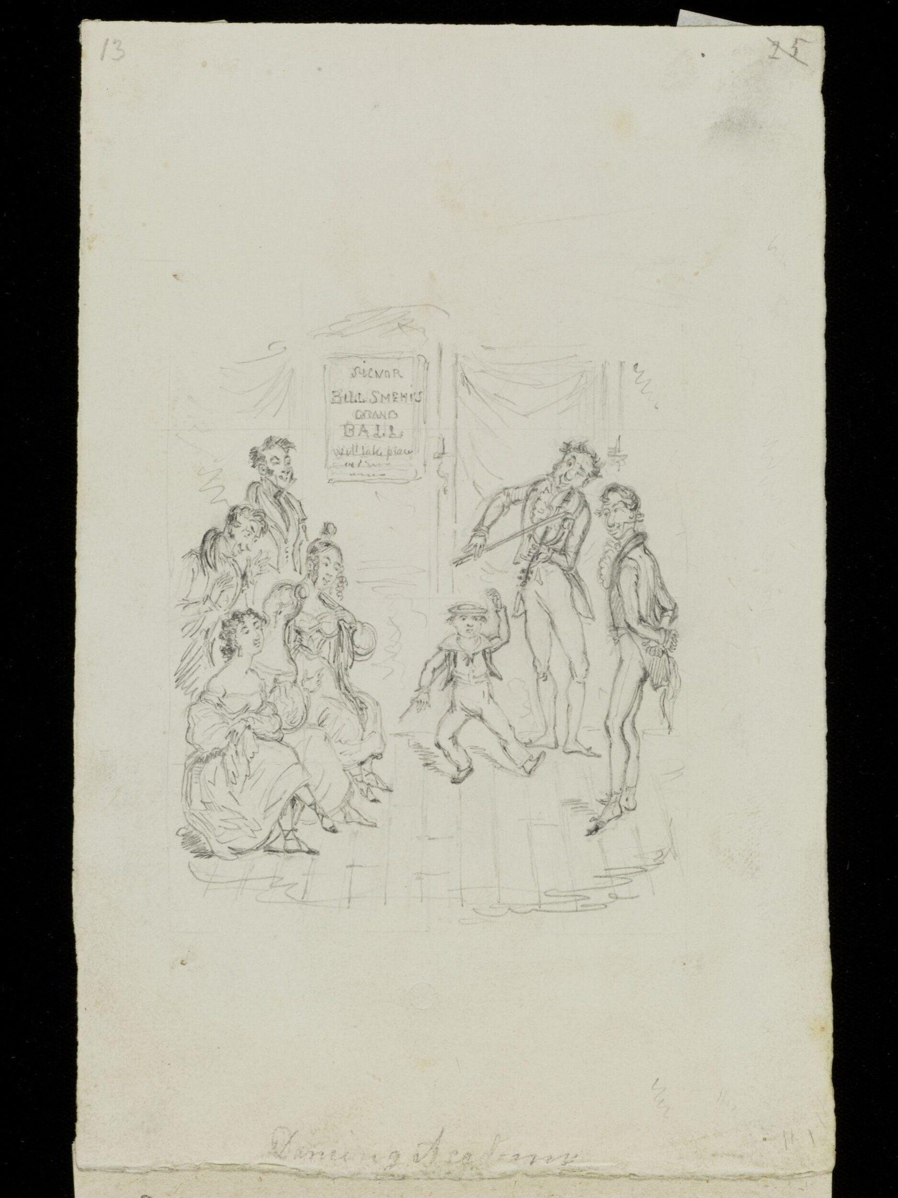 Pen sketch of a ballroom scene with kneeling woman on left and aggressive men on right, child between them, with a signboard reading 'Dancing Academy' above.